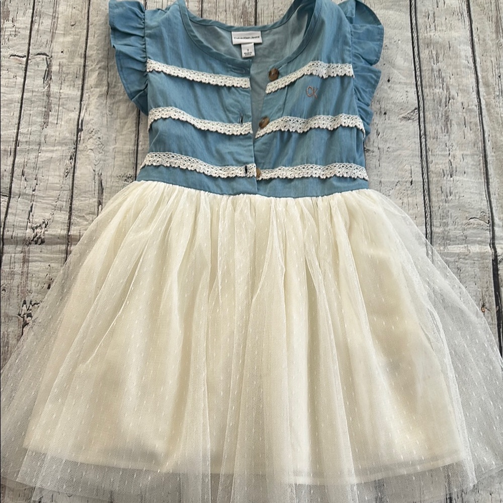 Calvin Klein Collection Blue and White Ruffled Tiered Babydoll Dress sale